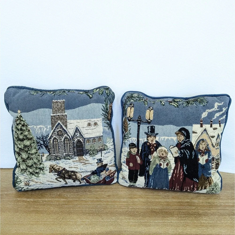 Christmas Snow Scene Tapestry Pillow Set Carolers Church Decor Blue 11x11